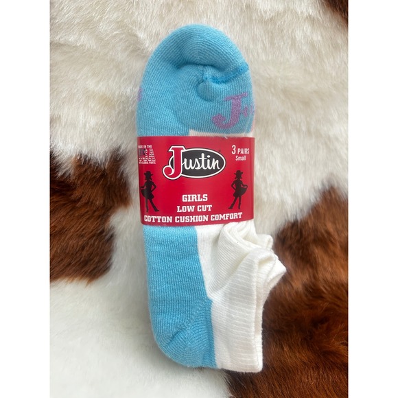 Justin Girls Low Cut Cotton Cushion Comfort Socks 3 Pairs Blue Pink White Small - Picture 2 of 3